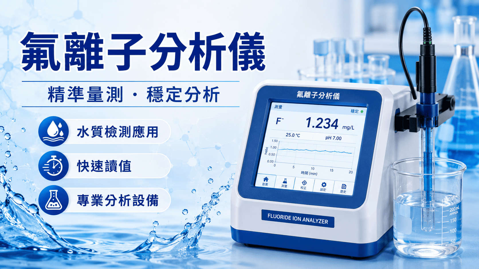 氟離子分析儀是用來量測水樣中氟離子濃度的水質分析設備,常見於半導體製程