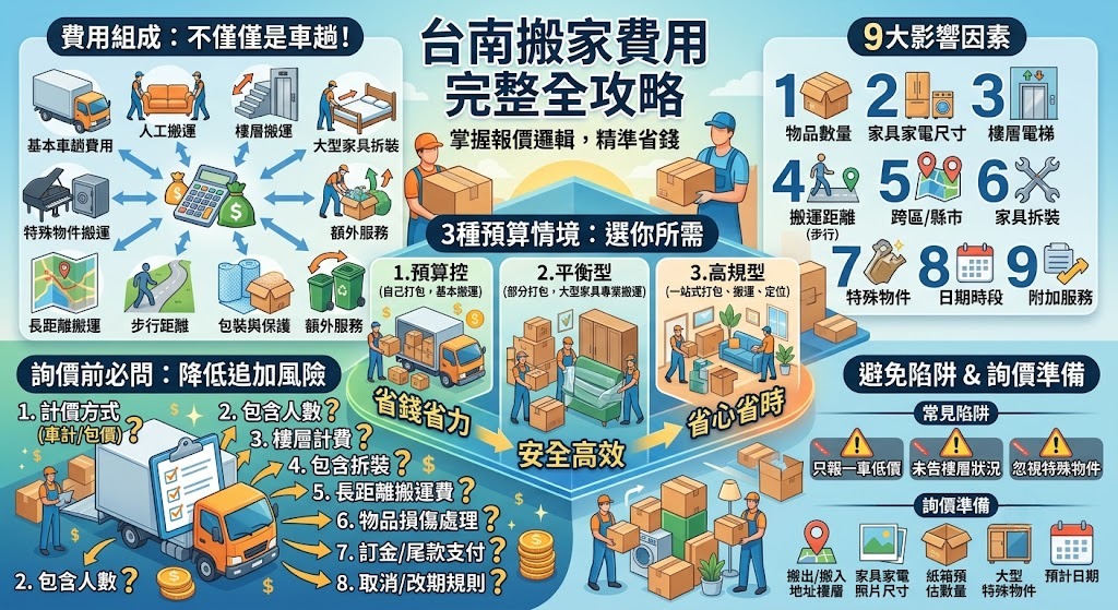 台南搬家費用怎麼算?9大報價因素、3種預算方案與搬家避雷指南