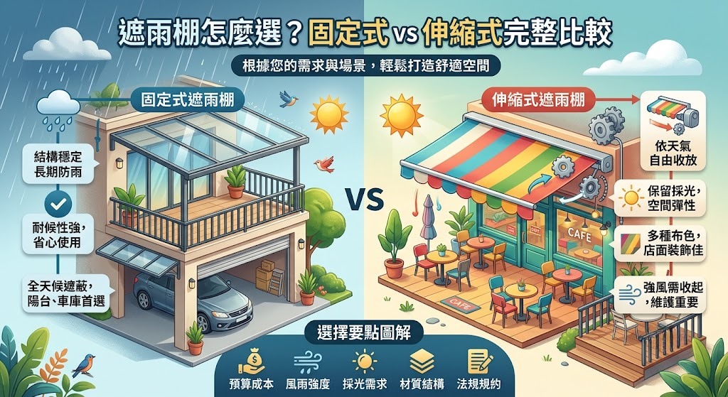 遮雨棚怎麼選?固定式遮雨棚 vs 伸縮式遮雨棚完整比較