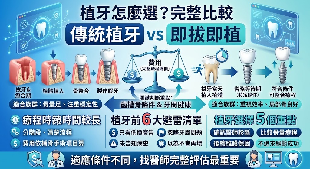 植牙怎麼選?傳統植牙 vs 即拔即植差異、費用與適合族群完整比較