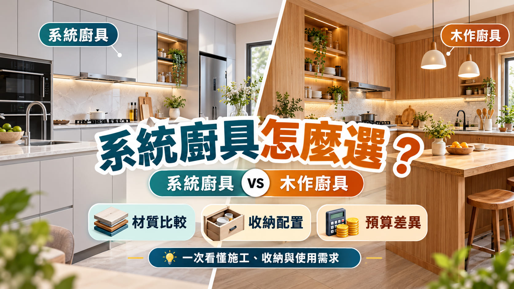 系統廚具 vs 木作廚具怎麼選?材質、收納、預算與施工差異完整比較