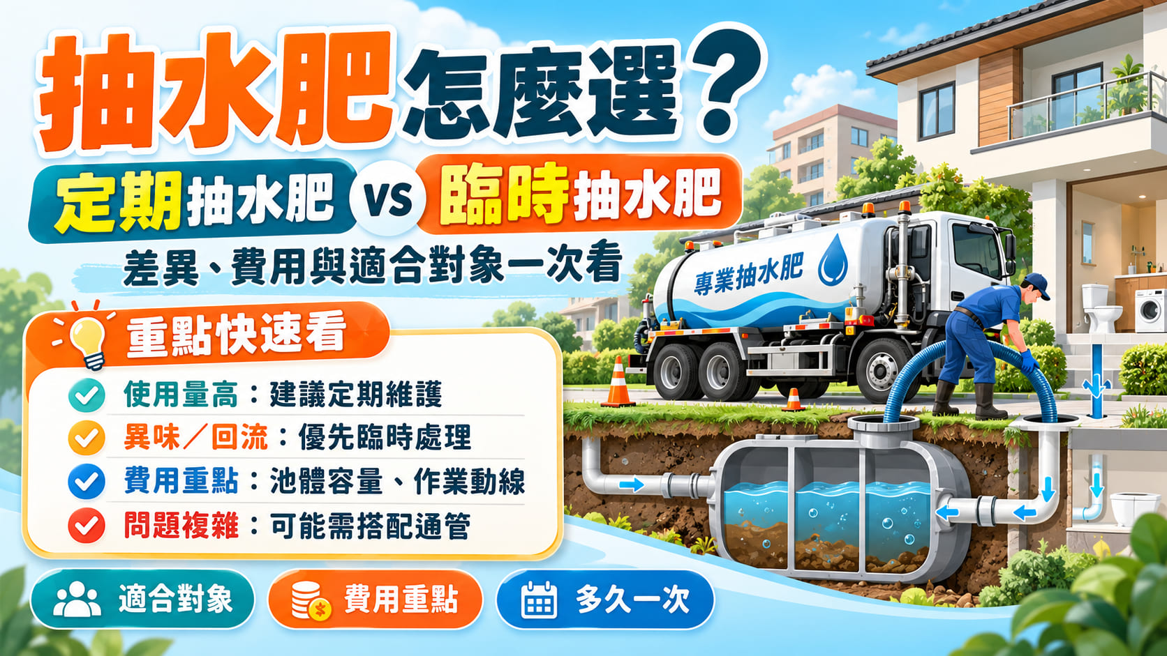 抽水肥怎麼選？定期抽水肥 vs 臨時抽水肥差異、費用與適合對象一次看