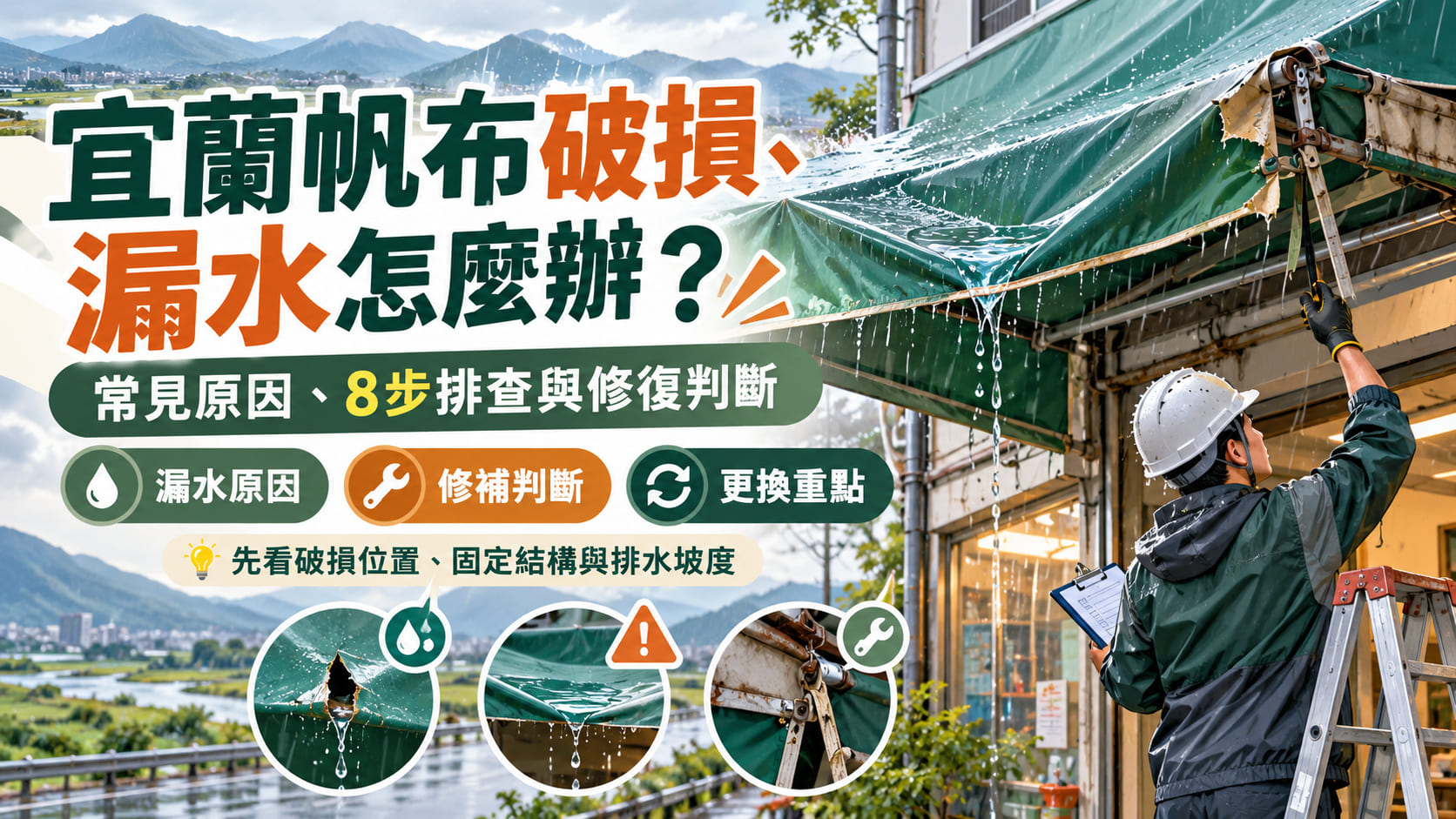 宜蘭帆布破損漏水怎麼辦？常見原因、8步排查與修復判斷